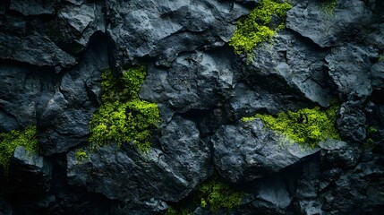 Obraz premium Rich green moss grows organically on textured dark stone wall. Dramatic close-up reveals vibrant moss patches and natural stone patterns in moody, damp environment with cinematic lighting.