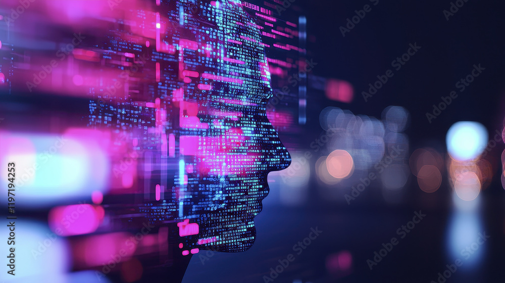 Poster digital silhouette with vibrant data streams and glowing lights, symbolizing technology and innovati