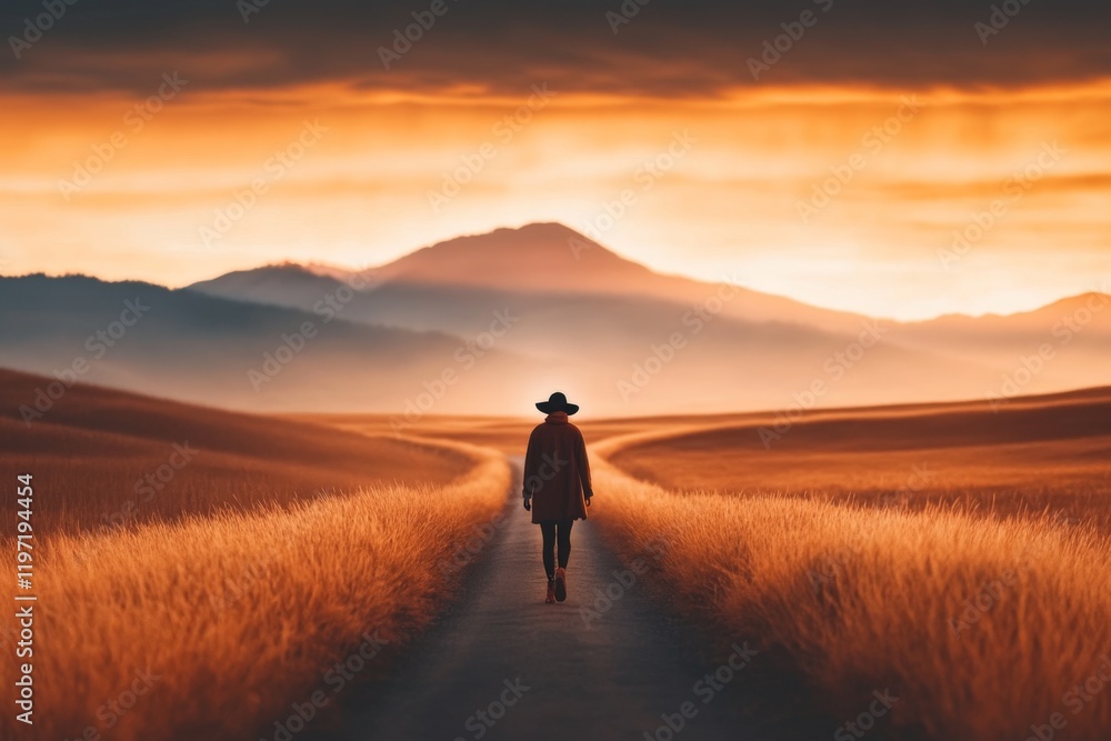 Aufkleber A person walking alone on an empty road at dusk, their vulnerability to the unknown emphasized by the fading light