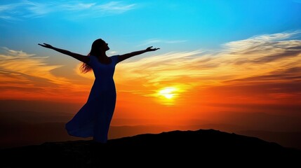 Fototapeta premium Woman in flowing dress standing on the beach at sunrise with outstretched arms, embracing the beauty of nature and tranquility.