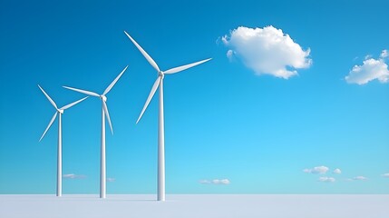 A serene image of three white wind turbines standing on a snow-covered plain against a vibrant blue sky dotted with fluffy white clouds.