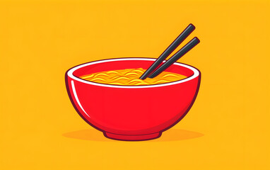 Illustrated Red Bowl of Ramen with Chopsticks on Warm Orange Background