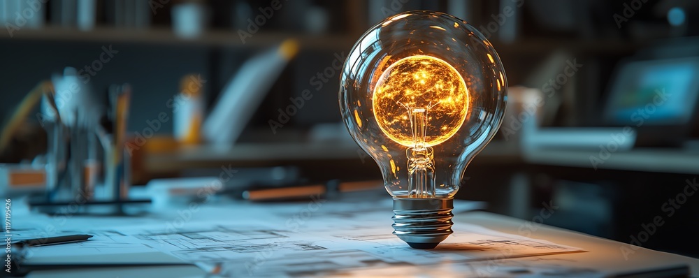 Poster light bulb encapsulating a vibrant solar system