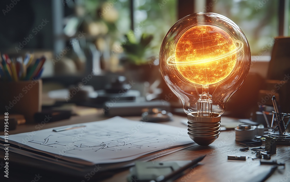 Poster light bulb encapsulating a solar system