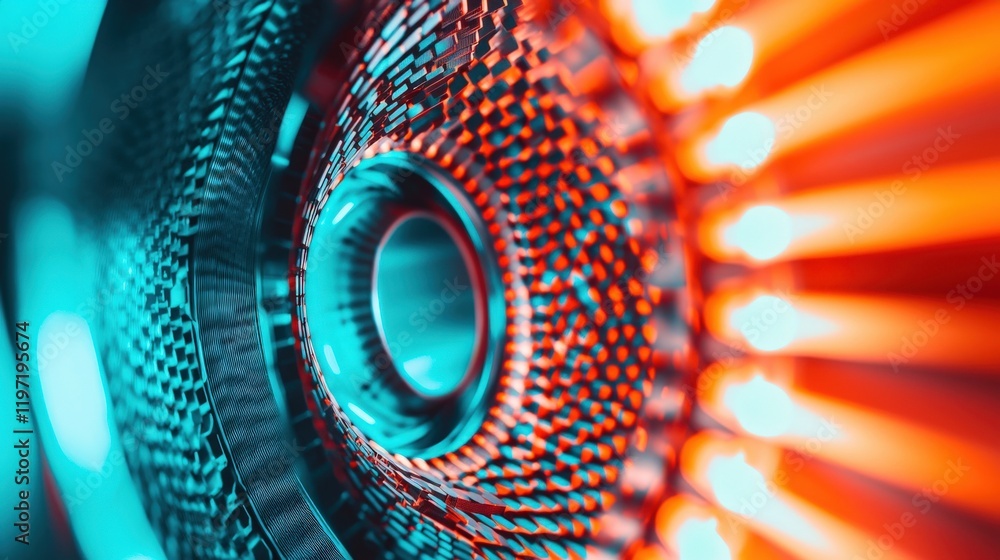 Poster close-up view of intricate circular patterns with vibrant blue and orange lighting effects on metall