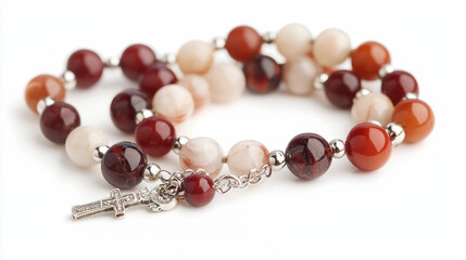 Beautiful prayer beads with silver cross, featuring red and beige stones