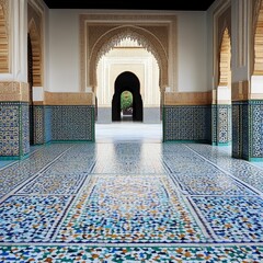 Arched passageways with patterned walls and tiled floor.