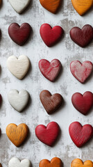 Obraz premium Abstract white, red, pink hearts, on a light background. Vertical image. Valentine's Day
