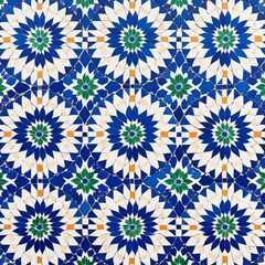 Geometric tiles with blue, white, green and orange.