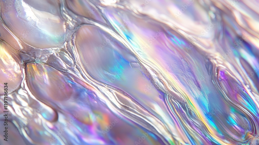 Poster close-up shot of iridescent surface with colorful reflections and fluid patterns