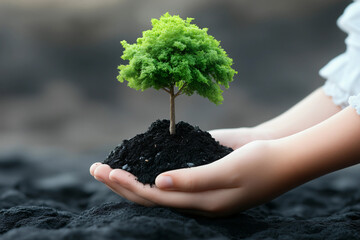 Hands gently holding a small green tree on dirt, symbolizing care for nature and environmental protection