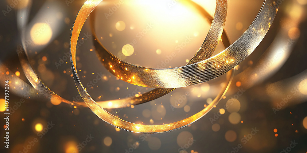 Poster abstract composition of floating golden ribbons surrounded by glowing particles. the warm light and 