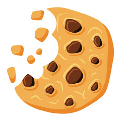 Cookie crumble, bite biscuit oatmeal. Tasty chip bakery. Sweet dessert food. Cartoon pastry baked snack for breakfast. Chocolate cake with crumb