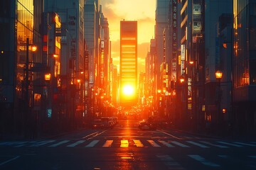 Obraz premium A mesmerizing sunset over an empty city street in Japan