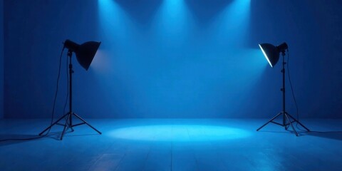 Illuminated Studio Setup  Two adjustable lights casting a vibrant blue glow on a blank wooden stage, ready for product display or creative photography.