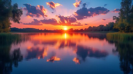 Obraz premium Vibrant sunset over calm lake reflecting colorful sky and clouds.