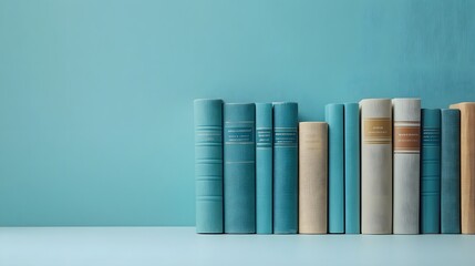 Minimalist arrangement of neutral-colored books stands against soft light blue background. Simple composition features books on white surface with modern design aesthetic and soft shadows.