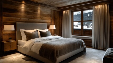 Bedroom interior featuring wood paneling and warm lighting, combining modern aesthetics with natural materials for a cozy space.