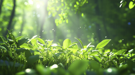 Obraz premium Lush green plants basking in sunlight create serene forest atmosphere