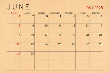 June craft brown paper calendar page for 2025 year.