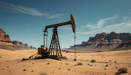 Desert oil pump and sandstone cliffs
