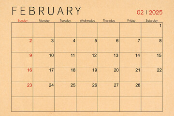 February craft brown paper calendar page for 2025 year.