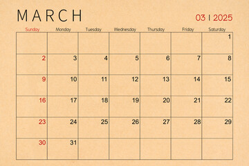 March craft brown paper calendar page for 2025 year.