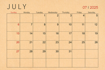 July craft brown paper calendar page for 2025 year.