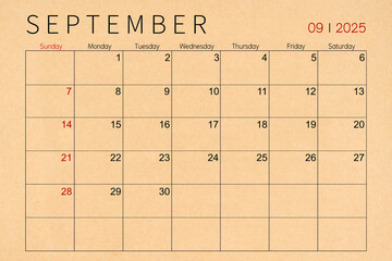 September craft brown paper calendar page for 2025.