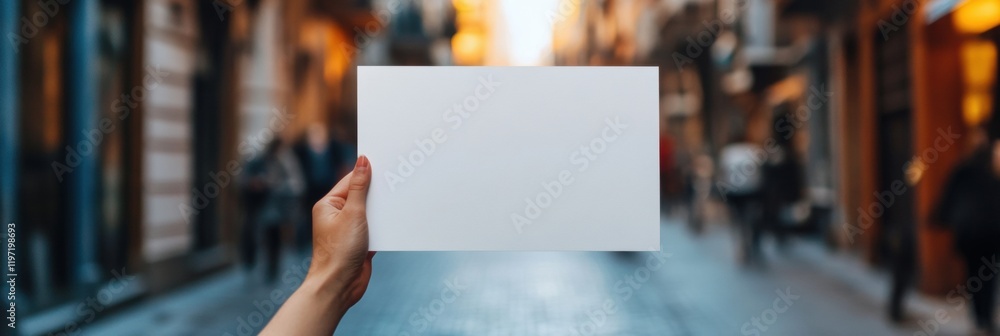 Poster blank paper held in hand on a busy street creating space for adding your own text. generative ai