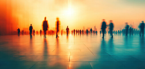 Fototapeta premium Silhouetted figures walking in vibrant sunset, creating dynamic urban scene