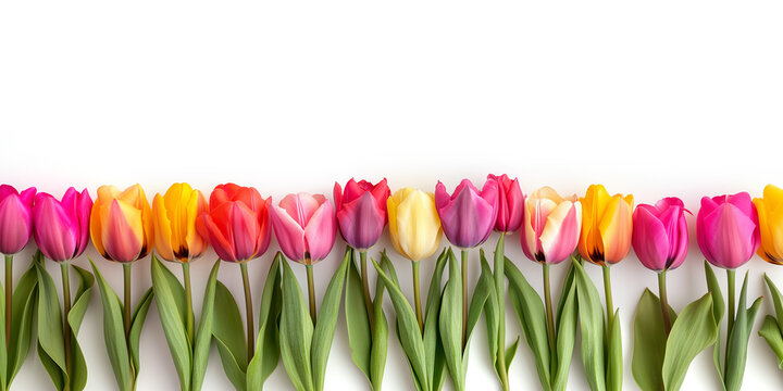Row of colorful tulips with stems and leaves isolated on panoramic white background with copy space, spring flowers season header