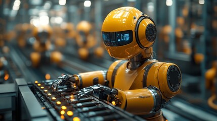 Fototapeta premium Yellow robot operating machinery on assembly line in factory.