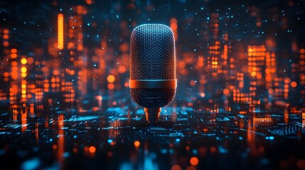 Professional studio microphone illuminated by neon blue and orange lights stands amid digital audio waveforms. Dark, moody atmosphere highlights recording equipment with stunning bokeh effects.
