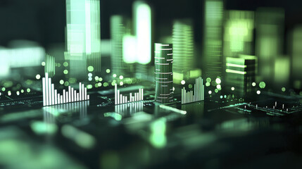 Obraz premium Digital cityscape with green data visualization and glowing elements