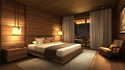 Interior design of a modern bedroom with wood-paneled walls and warm lighting, emphasizing natural textures and comfort.