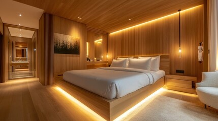 Interior design of a modern bedroom with wood-paneled walls and warm lighting, emphasizing natural textures and comfort.