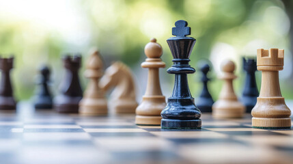 Chess pieces on board, showcasing strategy and competition in game