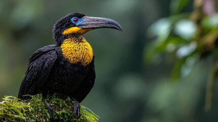 Black-billed toucan perched on moss, rainforest background, wildlife photography