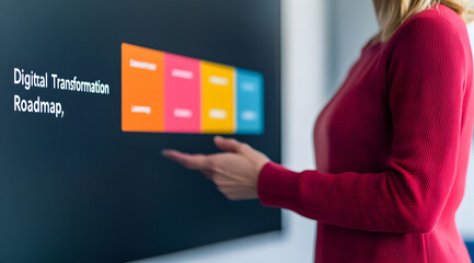 A woman presents a digital transformation roadmap on a screen, highlighting the importance of strategic planning in technology adoption.