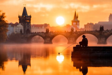 Naklejka premium A quiet moment of a fisherman casting a line into the Vltava as the sun sets behind the Charles Bridge