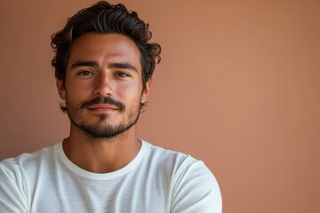 Obraz premium minimalistic portrait of 30 years old Mexican man on beige background, copy space