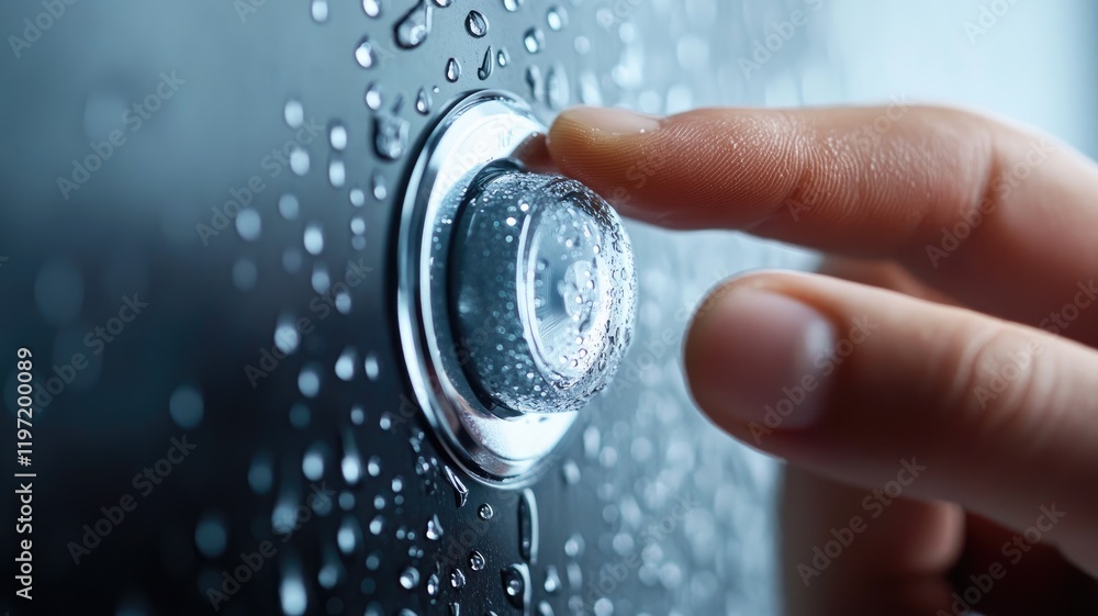 Aufkleber close-up of hand pressing wet button bubbles and droplets are visible on surface