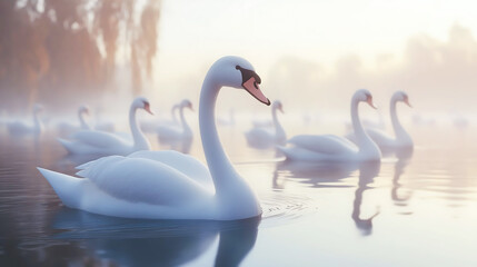Obraz premium Flock of white swans. Flock of white swans in the calm water. Flock of swans gliding on calm water. Environment protection concept