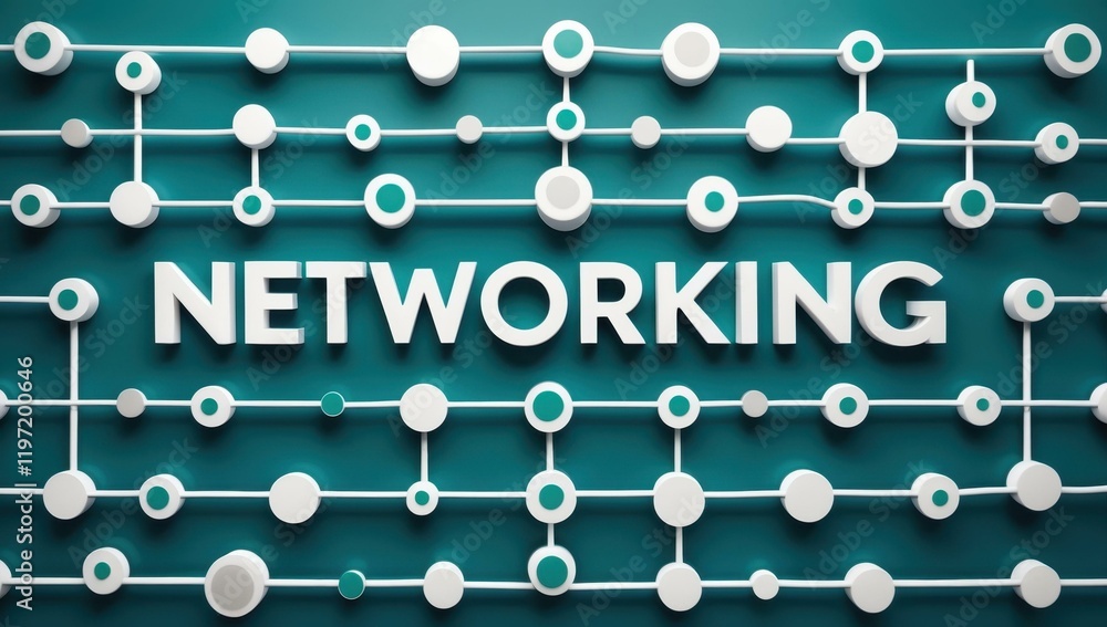 Poster networking text title in center and nodes connect interact share engage collaborate in teal white si
