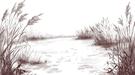 Obraz premium Serene Lakeside Sketch: Reeds and Tranquil Waters