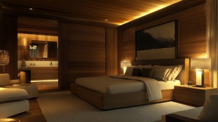 Fototapeta premium Modern bedroom with warm lighting and wood paneling, creating a harmonious blend of natural textures and sleek design