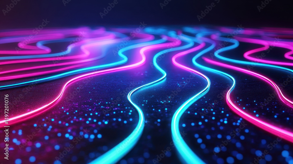 Poster vibrant neon lines create futuristic landscape with glowing patterns and dynamic movement. colors bl