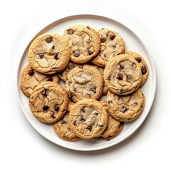 A platter of freshly baked chocolate chip cookies with a glass of milk, isolated white background,...