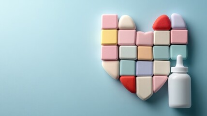 Pastel-colored puzzle pieces shaped like heart, and baby bottle on blue background